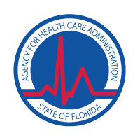 Circular logo of Florida's Agency for Health Care Administration with blue background, red heartbeat line, and white ring reading 'Agency for Health Care Administration' and 'State of Florida'.