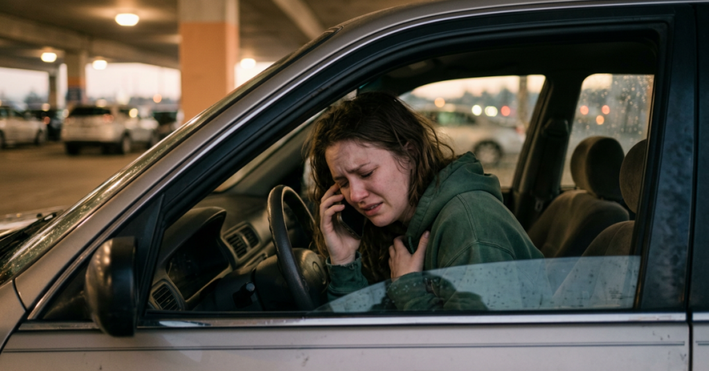 Woman in a car on the phone with residential treatment center while having panic attacks
