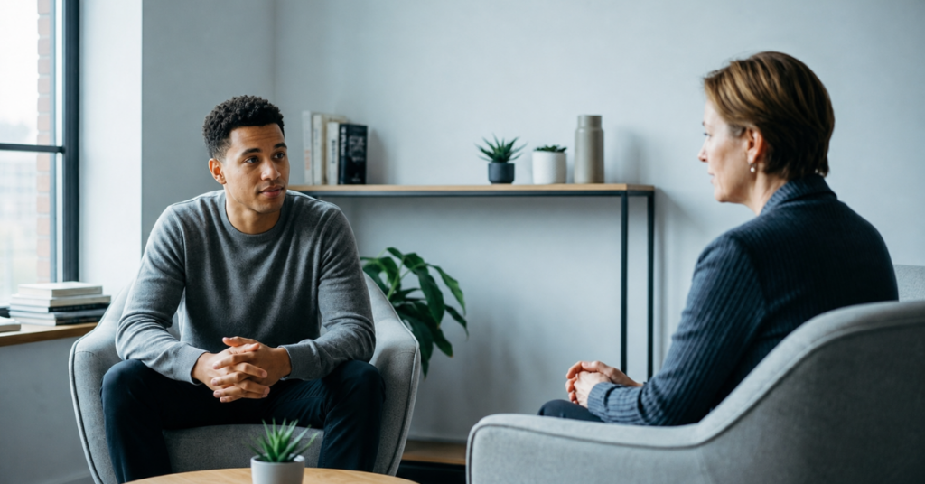 man in therapy during inpatient mental health treatment