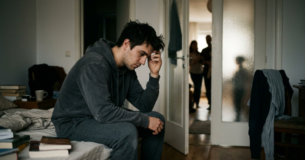Man visibly upset in need of PTSD Therapies in a room thinking by himself