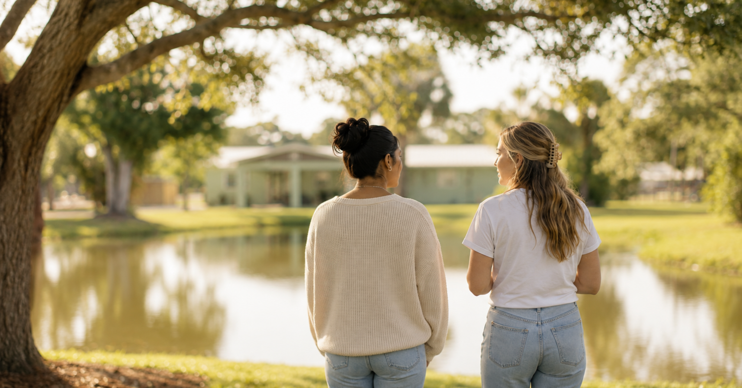 What is Trauma-Informed Care, Two women stand by a lake in a park, seen from behind, chatting as sunlight filters through trees.